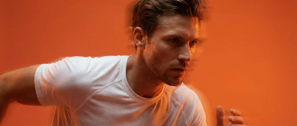 Чоловік у русі на помаранчевому фоні з легким розмиттям, що ілюструє ефект витримки