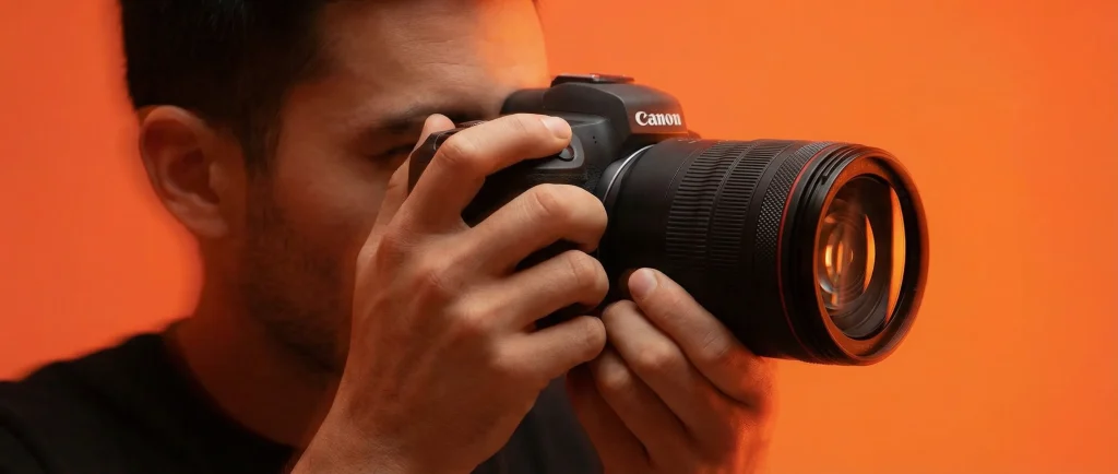 Фотограф з камерою Canon знімає сцену при теплому світлі