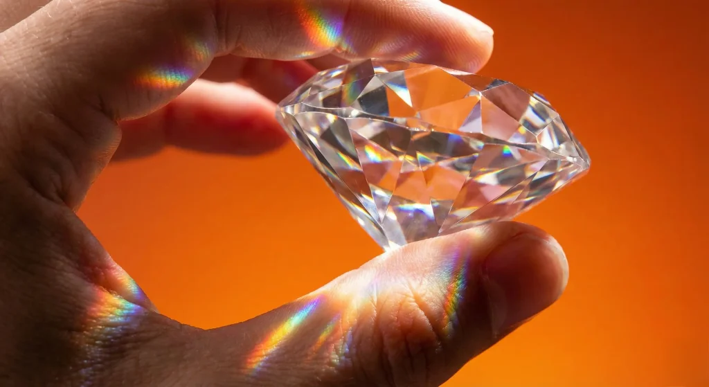 Прозорий кристал у пальцях з райдужними відблисками світла