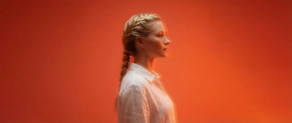 Портрет жінки в профіль на помаранчевому фоні з легкою деформацією руху