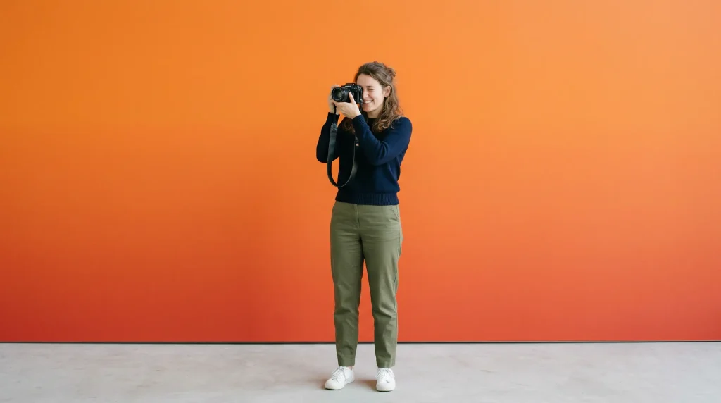 Фотограф з камерою в повний зріст на студійному фоні