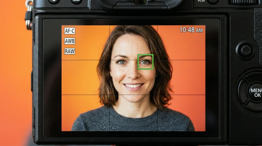 Портрет жінки з активним Eye AF на екрані камери