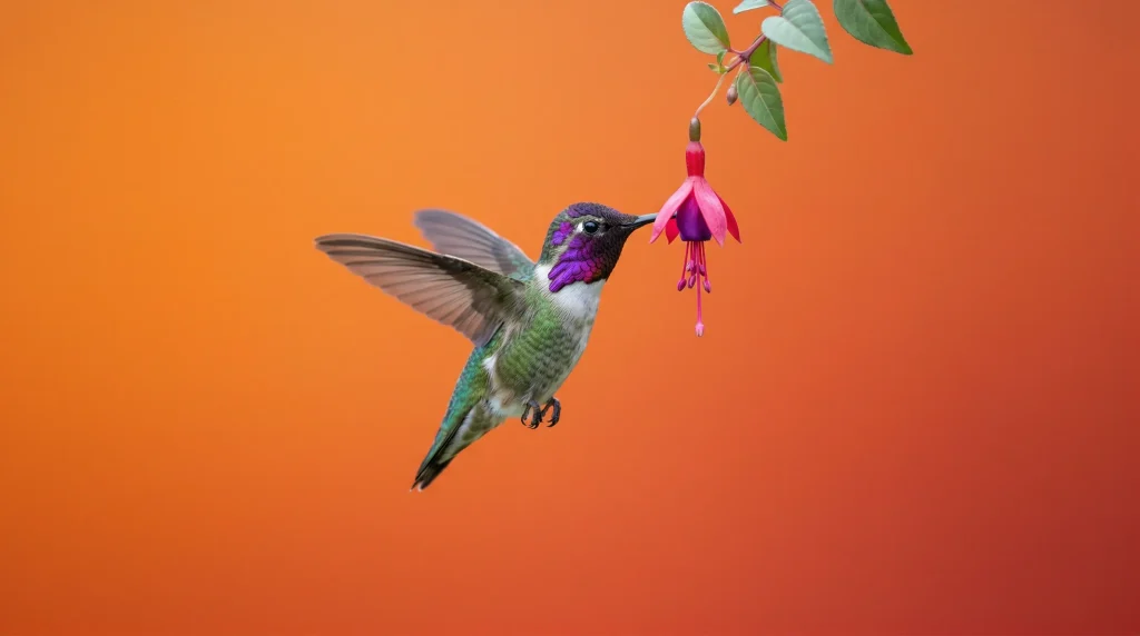 Колібрі в польоті біля квітки з різким фокусом на пташці