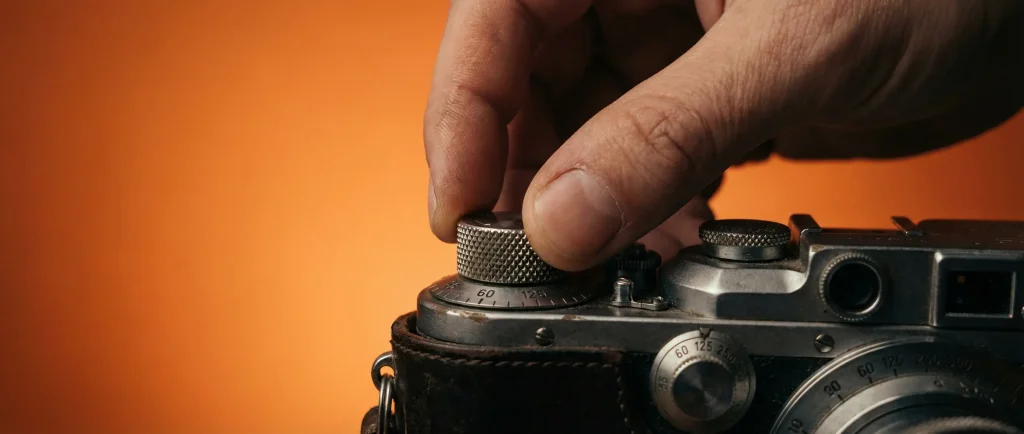 Рука регулює диск налаштувань камери на теплому фоні