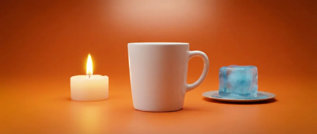 Біла чашка поруч зі свічкою та льодом при теплому освітленні