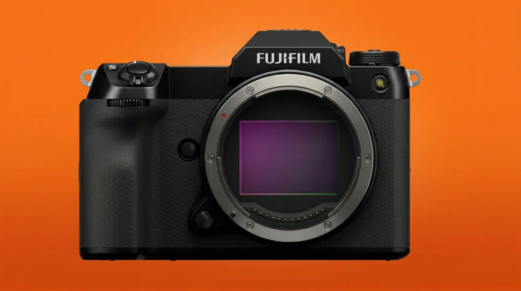 Середньоформатна камера Fujifilm з великою матрицею на помаранчевому фоні