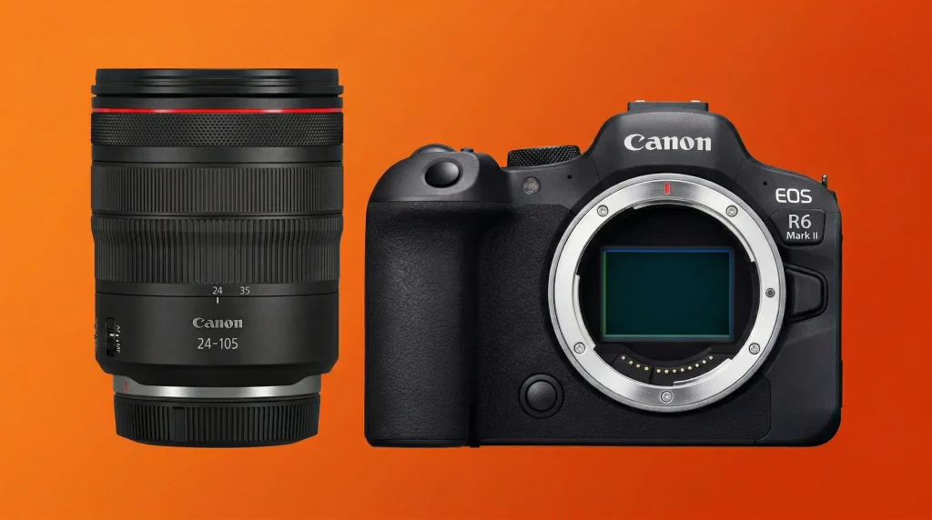 Бездзеркальна камера Canon поруч з об’єктивом на студійному фоні