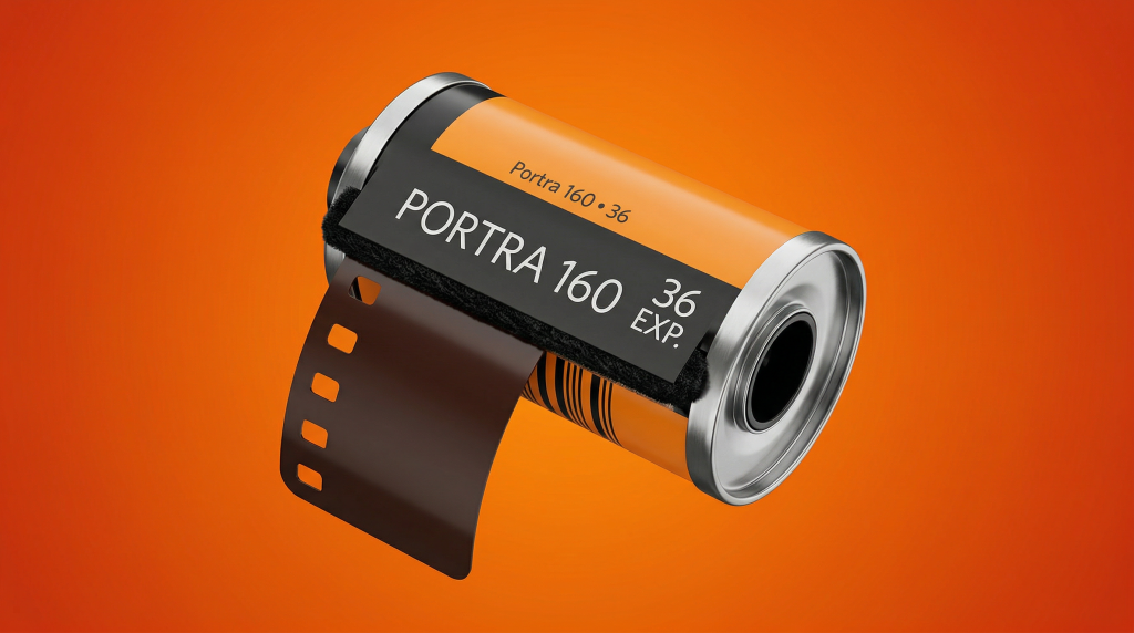 Фотоплівка Portra 160 з висунутою плівкою на помаранчевому фоні