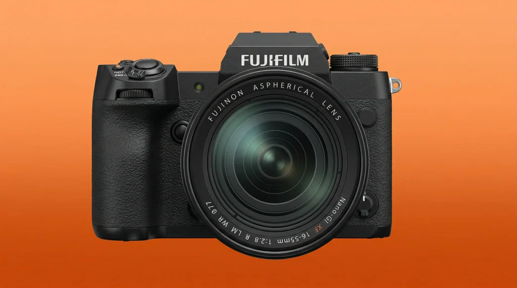 APS-C камера Fujifilm з кроп-матрицею на помаранчевому фоні
