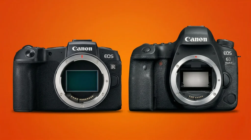 Дзеркальна і бездзеркальна камери Canon поруч на помаранчевому фоні для порівняння