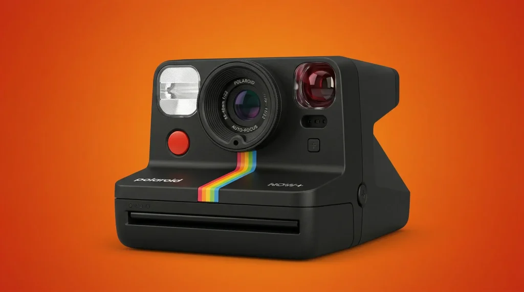 Моментальна камера Polaroid з плівкою на помаранчевому фоні